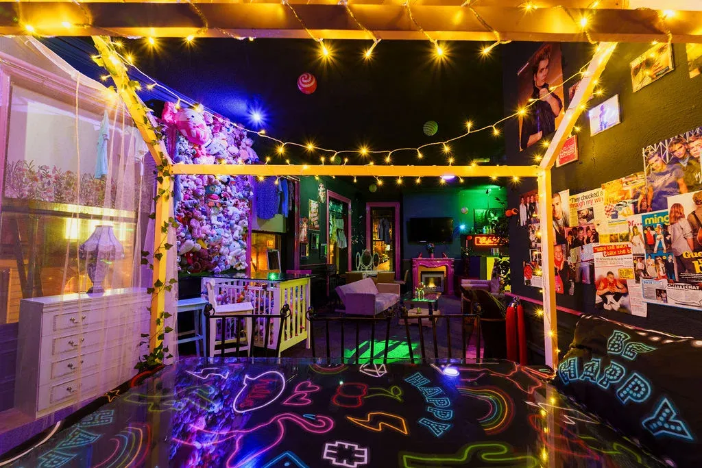 Fairy light canopy and neon art inside The Mad House Dean Street Newcastle