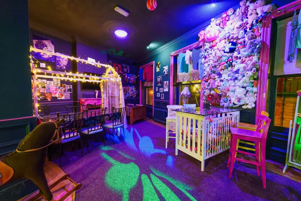 Quirky Bar Interior Neon Lighting Stuffed Toy Wall — The Mad House Dean Street, Newcastle